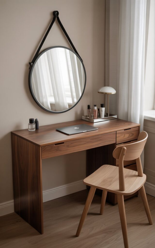 A photograph of a minimalist bedroom showcasing a dual-purpose vanity and writing desk crafted from smooth walnut wood. A contemporary round mirror hangs above the desk, easily adjustable and reflecting the soft light, with a sleek laptop closed to the side and a mirrored tray displaying skincare products. A Scandinavian-inspired chair with light wood legs sits invitingly before the desk, while hidden cord management maintains a tidy appearance. The scene is bathed in gentle morning light streaming through a nearby window, highlighting the quiet elegance and functionality of the space.