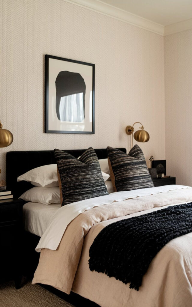 A photo of a cozy black and beige bedroom with a subtle beige patterned wallpaper. The wallpaper has a barely-there herringbone texture that adds depth without overwhelming. The room contains a black-framed art piece above the bed, which is dressed in layered ivory sheets, a beige linen duvet, and textured black throw pillows. The room also features black nightstands and warm brass lighting.