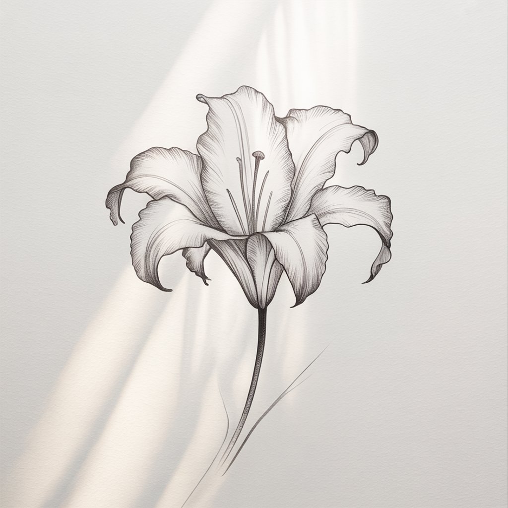 A delicate pencil drawing illustration on a stark white background, depicting a single lily flower. The lily's petals are rendered with soft, feathery lines that mimic the flowing aesthetic of watercolor, subtly dissolving at the tips. A thin, elegant stem extends gracefully from the base of the bloom, subtly curved to suggest gentle movement. The minimalist design emphasizes the flower's form, bathed in soft, diffused light that highlights the paper texture and evokes a sense of tranquility.