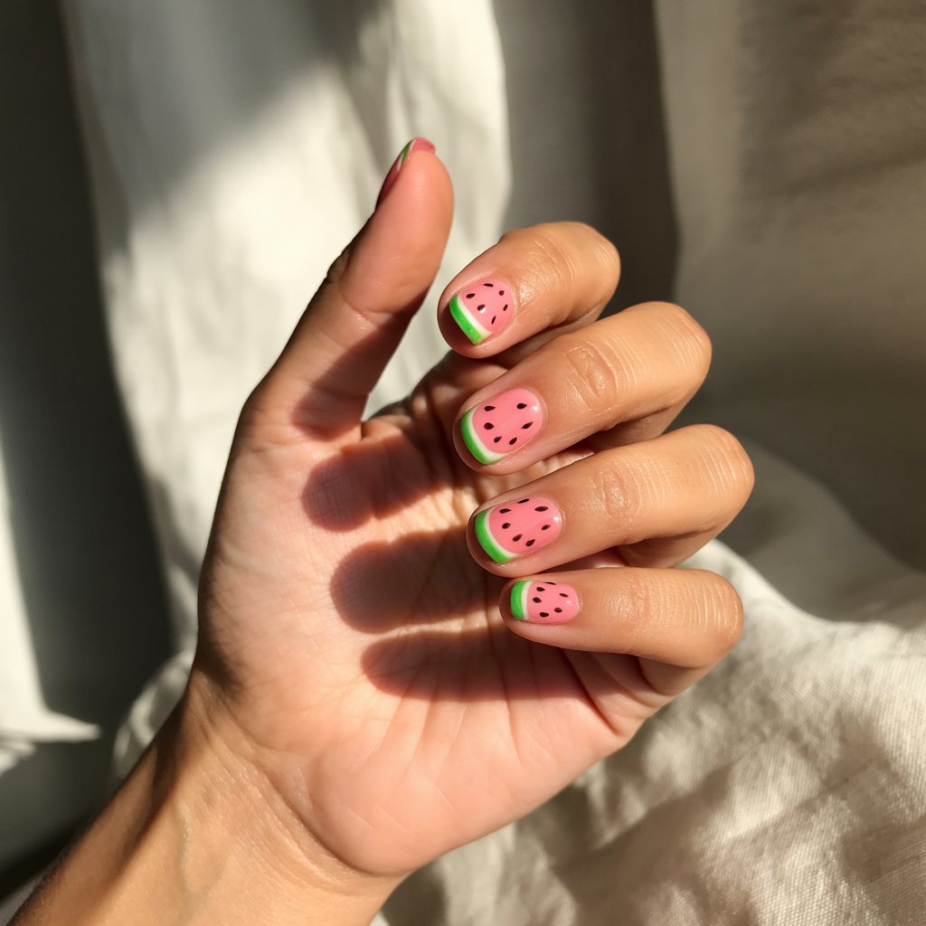 A studio photograph showcases a single, elegantly moisturized female hand, the sole focus against a softly blurred background of warm-toned linen. Each of the five fingers displays playful neon watermelon nail art, meticulously crafted with pink and green hues to mimic the rind and juicy flesh, punctuated by tiny black seed details – “A Slice of Summer”. Bathed in gentle, diffused sunlight streaming from a nearby window, the hand rests in a relaxed, fanned pose, highlighting the glossy finish and radiant skin while accentuating the vibrant, fruity charm of the nail design. The composition emphasizes the hand's curves and the playful nail art, creating a visually appealing and fresh aesthetic.