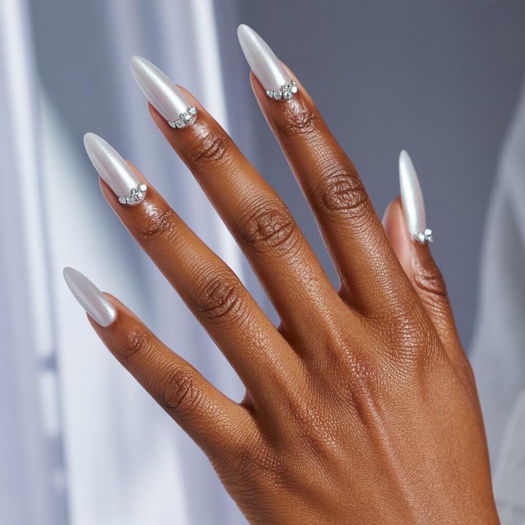A close-up studio photograph focuses on the elegant hand of a Black woman, showcasing her five fingers gracefully fanned against a soft, diffused gray background. The nails are meticulously polished in a shimmering white chrome, accented near the cuticles with tiny, clustered Swarovski crystals that catch the light. Sunlight streams through a nearby window, illuminating the glossy, deeply moisturized skin and creating a soft glow on the stiletto nails, which reflect like polished pearls. The overall effect is one of refined luxury and understated glamour, hinting at "a touch of grace".