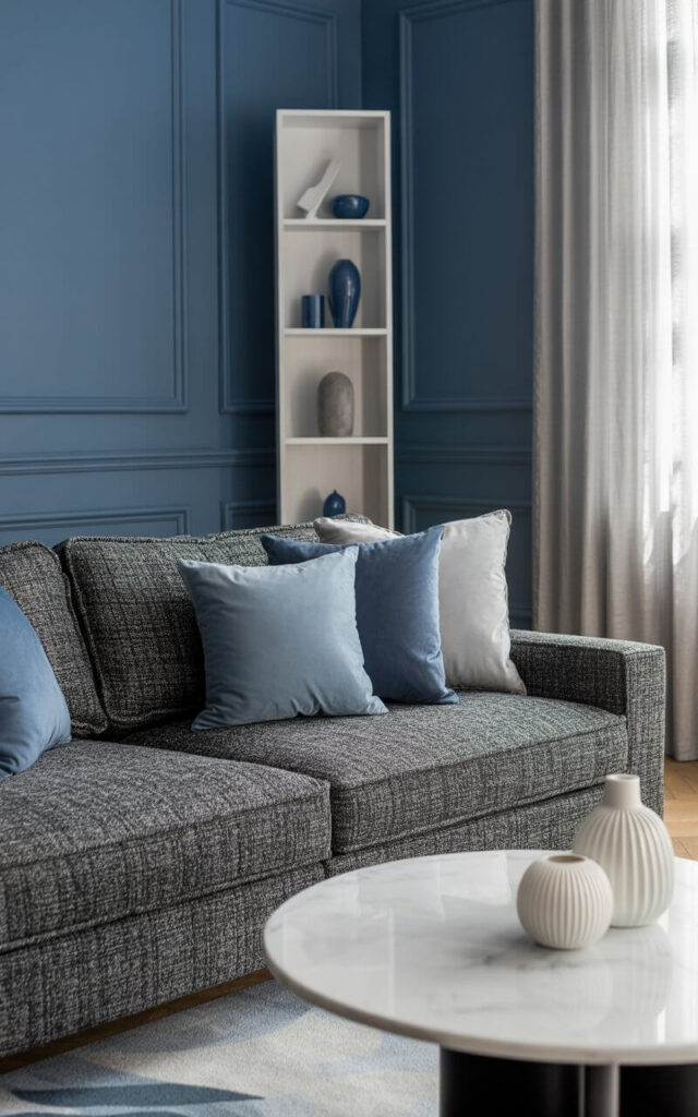 A photograph showcasing a cozy charcoal tweed sofa as the focal point within a stylish living room. The sofa, adorned with plush pillows in powder blue and cloud grey, sits centered against a backdrop of rich navy walls accented by crisp white molding and built-in shelves. A sleek white marble coffee table rests before the sofa, holding a simple arrangement of white ceramic vases, while a tall white bookshelf in the corner displays blue and grey decorative objects, softly illuminated by natural light filtering through sheer linen curtains. The overall effect is a balanced and breathable space, embodying a modern aesthetic with a touch of understated elegance.