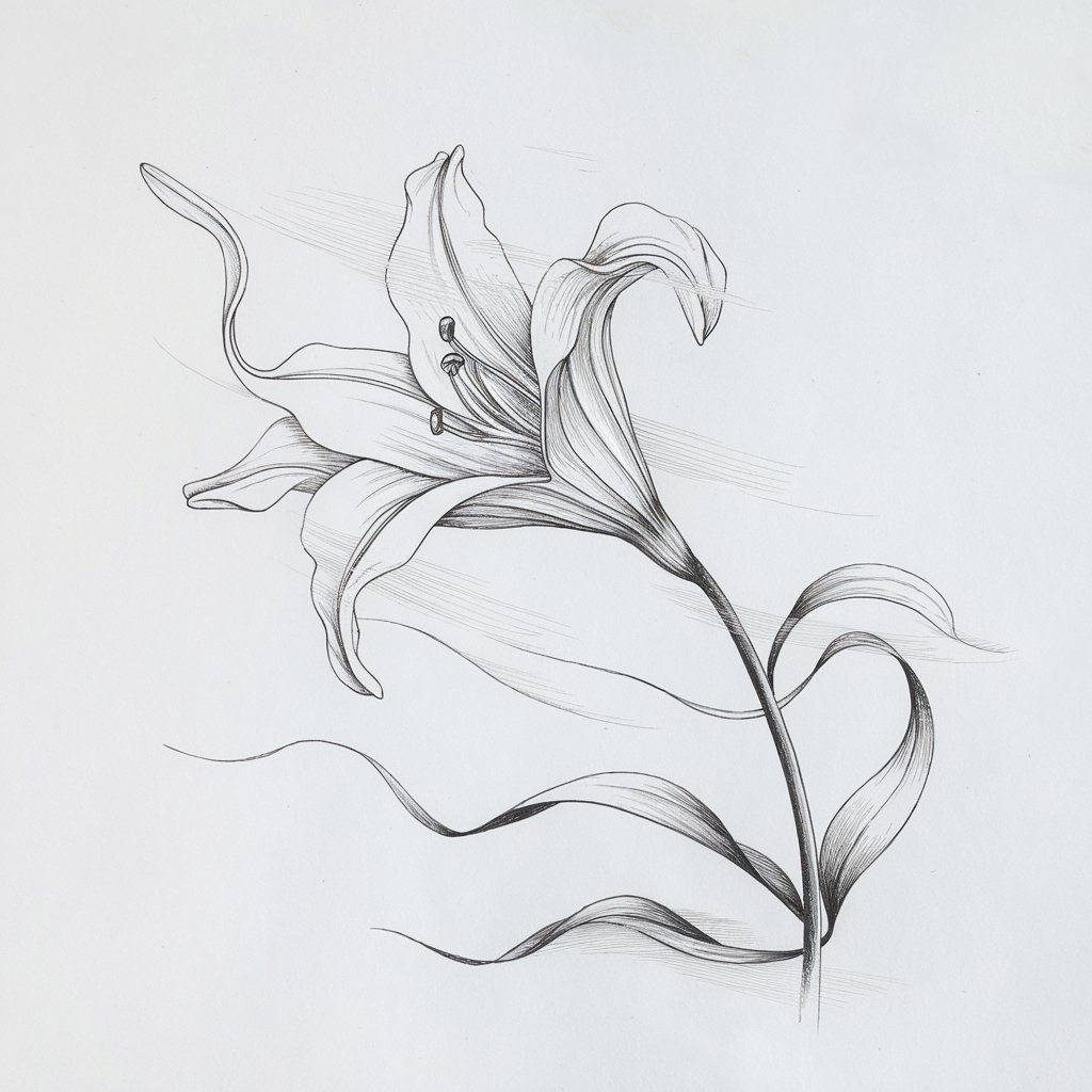 A minimalist, plain white background pencil drawing illustration of a lily flower appearing to blow in the wind. The flower is drawn in a simplistic style, with petals extended in one direction, their lines stretched and curved to suggest graceful motion. Some petals are slightly lifted at the edges, with faint interior folds that enhance the sense of breezy movement. The stem leans at an angle, complemented by thin, flowing leaves trailing behind. Soft, directional pencil shading reinforces the wind's presence while maintaining a calm, minimal aesthetic on the white background.