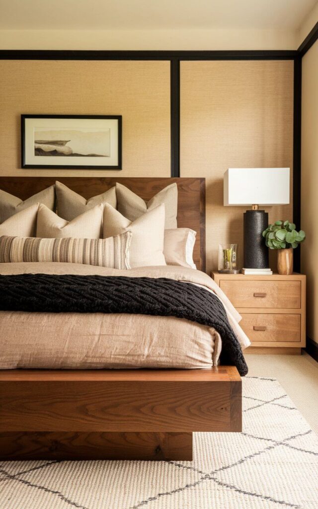 A warm, organic-inspired black and beige bedroom that blends natural wood tones with a very cozy bed dressed in well-decorated bedding. The focal point is a low-profile bed with a wood frame stained in walnut, topped with beige linens and a cable-knit black blanket. Pillows in muted tones provide a layered, restful look. A black-framed art piece sits above the bed, flanked by beige walls and a light oak nightstand. The interplay of black, beige, and natural wood gives the room an earthy sophistication that feels both grounded and inviting, with textures that add depth and comfort.