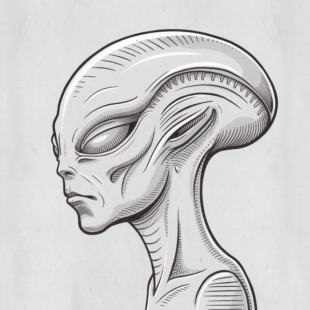 A minimalist, plain white background pencil drawing illustration of a side profile featuring a non-human, alien-like design, drawn in a simplistic style. The head is elongated with an enlarged cranium and narrow chin. The eye is oversized and slanted, lacking visible iris detail. Small ridges or textured skin lines are etched along the jaw and temple. There are no ears—only a flat surface or subtle indentation. The nose is almost nonexistent, and the mouth is a thin slit. Despite the extraterrestrial features, the drawing maintains a clean, stylized clarity.