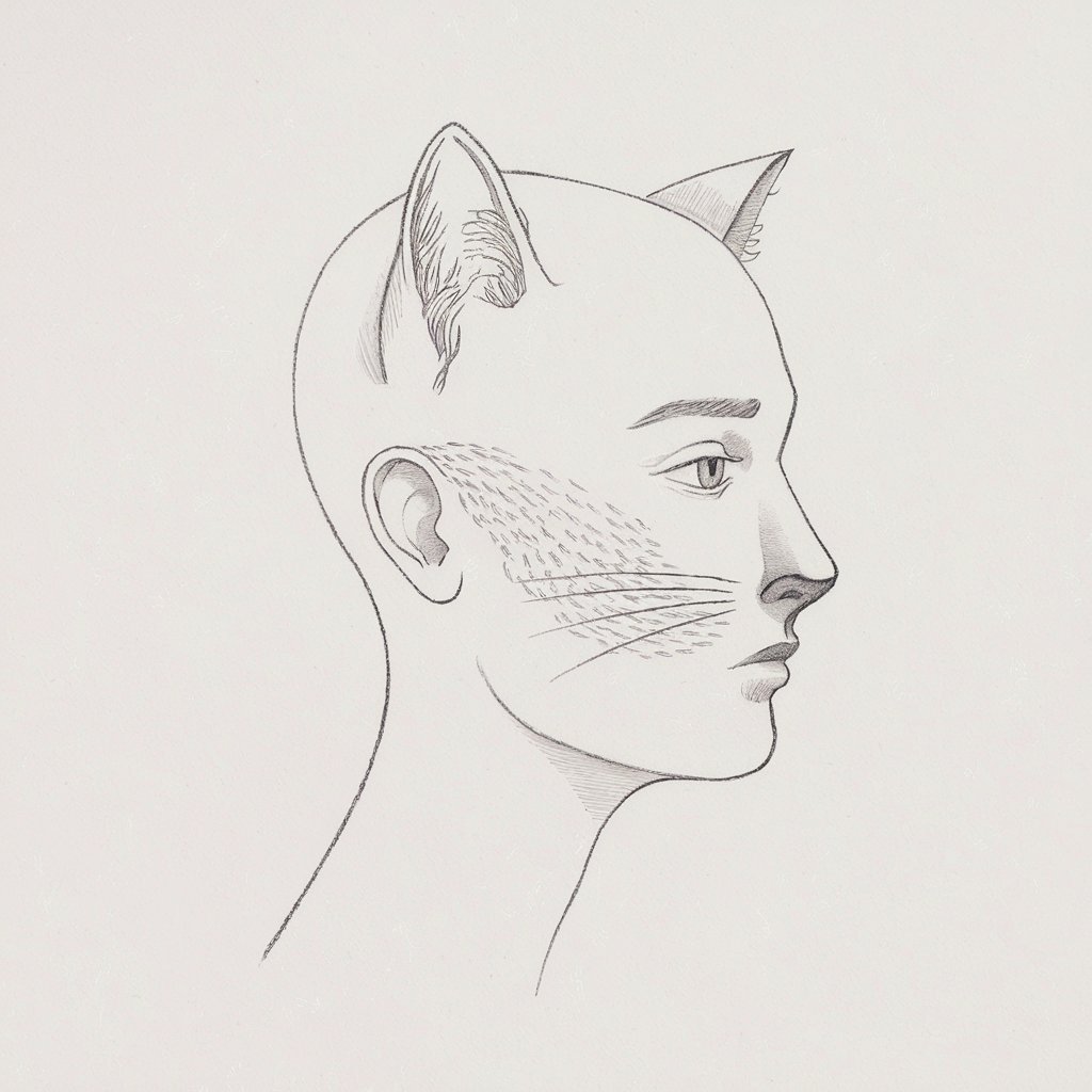 A minimalist, plain white background pencil drawing illustration of a side profile that blends human and animal features. The drawing, done in a simplistic style, shows a human face with feline characteristics—cat ears extending from the head and a subtly elongated, whiskered nose. The almond-shaped eye is lightly indicated, and short fur textures are drawn with soft, fine pencil strokes along the cheek and ear. The jawline and neck remain human, clearly separated with smooth contour lines. This imaginative combination of textures is cleanly outlined and framed by a spacious, undistracting white background.