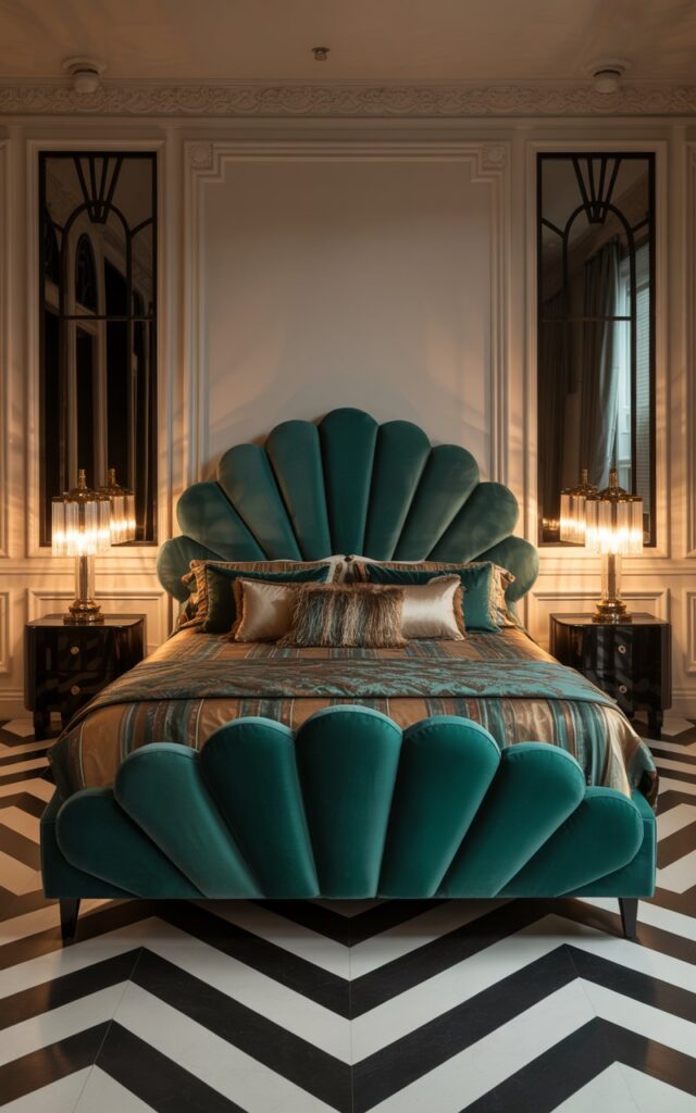 A photograph showcases a luxurious king-sized bed as the focal point within a glamorous, roaring twenties-inspired bedroom. The bed features a striking fan-shaped velvet headboard in deep emerald green, draped with layers of jewel-toned satin bedding and fringed pillows, positioned centrally in the frame. Black lacquered nightstands flank the bed, each displaying a crystal sconce casting a warm glow, while the room's chevron flooring draws the eye towards intricate moldings and a bold art deco mirror on the far wall. The overall lighting is soft and inviting, creating an atmosphere of refined decadence reminiscent of a swanky Manhattan suite.