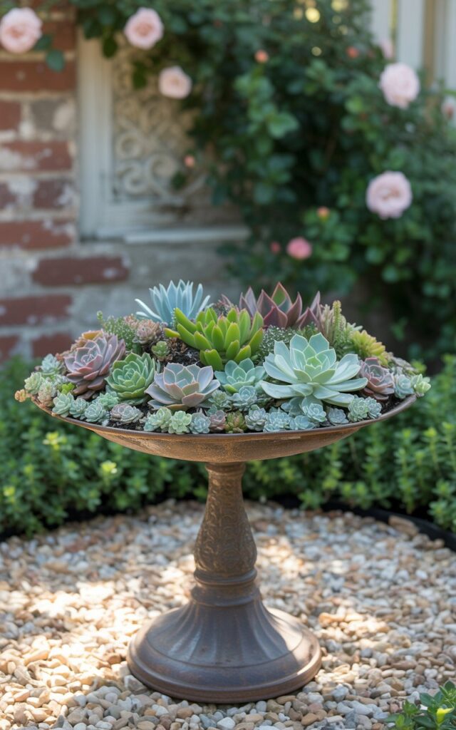 A photograph of a vintage iron birdbath filled with a vibrant succulent garden centerpiece. The shallow basin is densely packed with a mix of small, colorful succulents including graptoveria, echeveria, and “baby toes,” all planted in a light sandy soil. The birdbath's ornate pedestal is encircled by lush creeping thyme and a layer of sparkling pea gravel, set against a backdrop of weathered brickwork and climbing roses. Soft morning light illuminates the scene, creating gentle shadows and highlighting the carefully arranged composition of the unique garden.