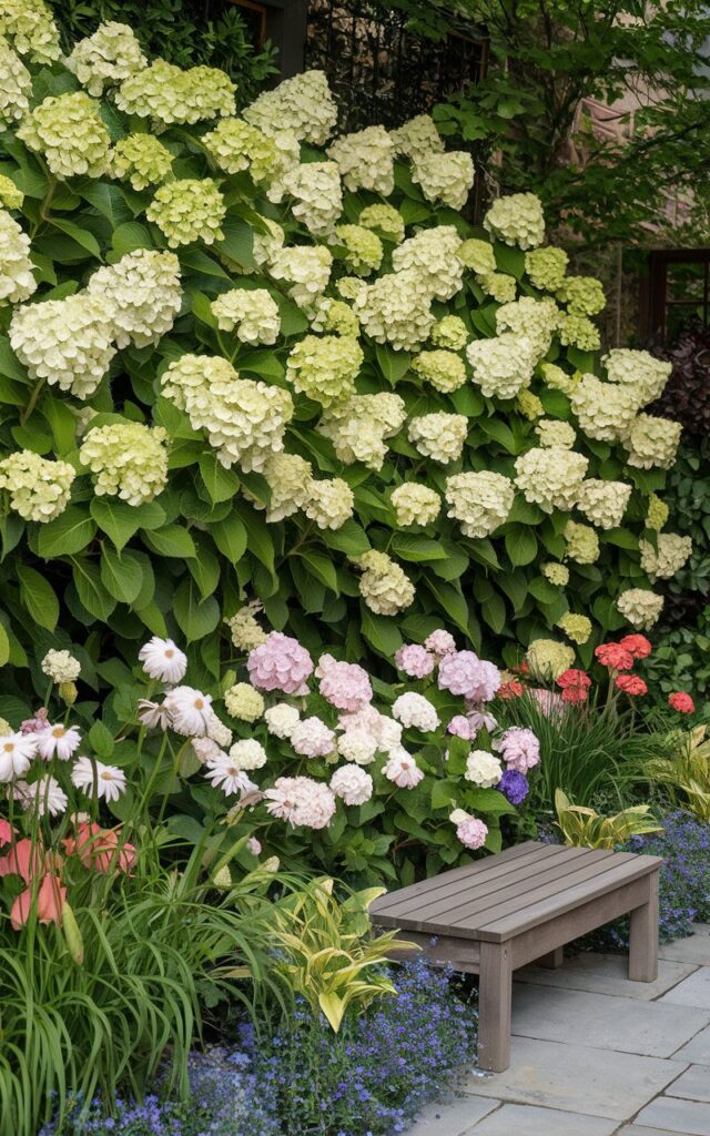 A well-decorated hydrangea garden with a lush wall of towering Limelight and Little Lime hydrangeas forming a floral backdrop for a cozy flower bed. The tall hydrangeas, brimming with pale green and white blooms, stand gracefully behind rows of daisies, coral bells, and dwarf daylilies. The effect is layered and balanced, with the larger plants providing height and structure while the front border pops with varied textures and bright colors. A low wooden bench sits in front of the blooming wall, inviting garden visitors to rest and admire. This hydrangea garden acts as a living canvas, making the entire area feel intimate and beautifully framed.