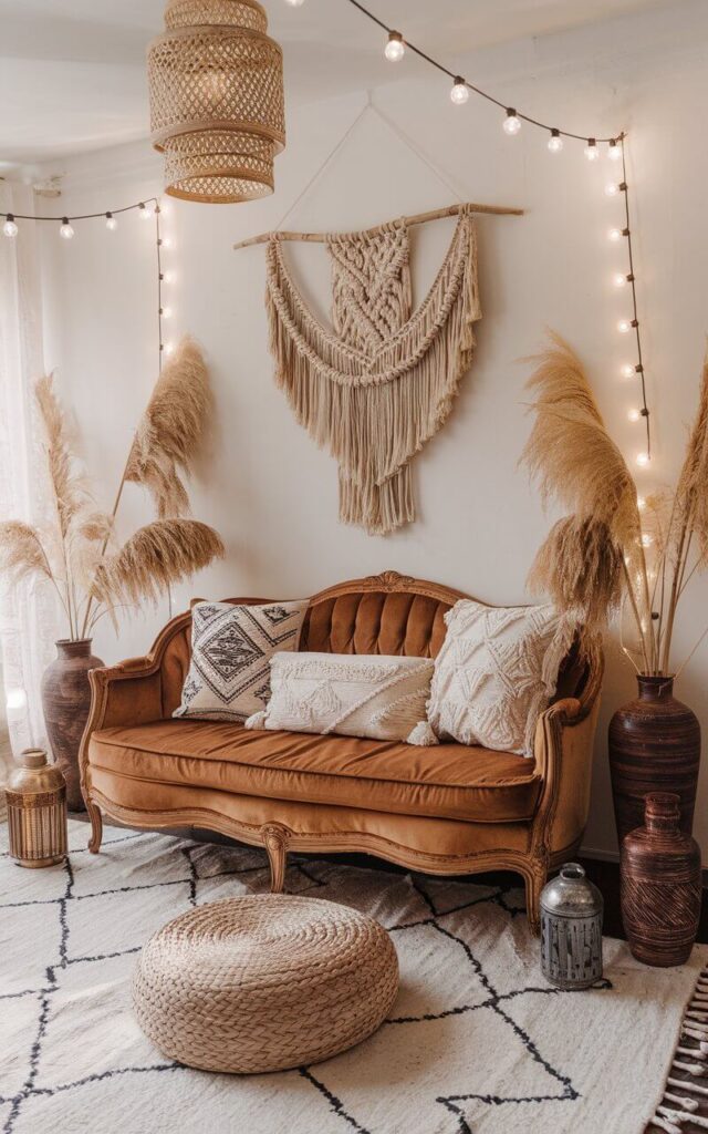A photo of a boho living room with a vintage-inspired tan velvet couch. The couch is surrounded by rattan and wicker textures, patterned throw pillows, and a Moroccan-style rug. A macramé wall hanging hangs above the couch, and dried pampas grass is placed in ceramic vases. The room is lit by lanterns and string lights, creating a cozy atmosphere.