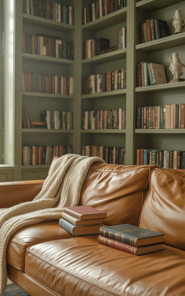 A photograph of a plush, tan twill couch nestled within a cozy, library-inspired living room. The couch is adorned with a hand-knitted cream-colored throw blanket and several well-worn leather-bound books casually placed on its surface, inviting relaxation. Flanking the couch are built-in floor-to-ceiling bookshelves painted a soft sage green, overflowing with a colorful array of books and accented with vintage porcelain figurines. Warm, diffused light filters through a nearby window, creating a serene and inviting atmosphere with dust motes gently dancing in the air.