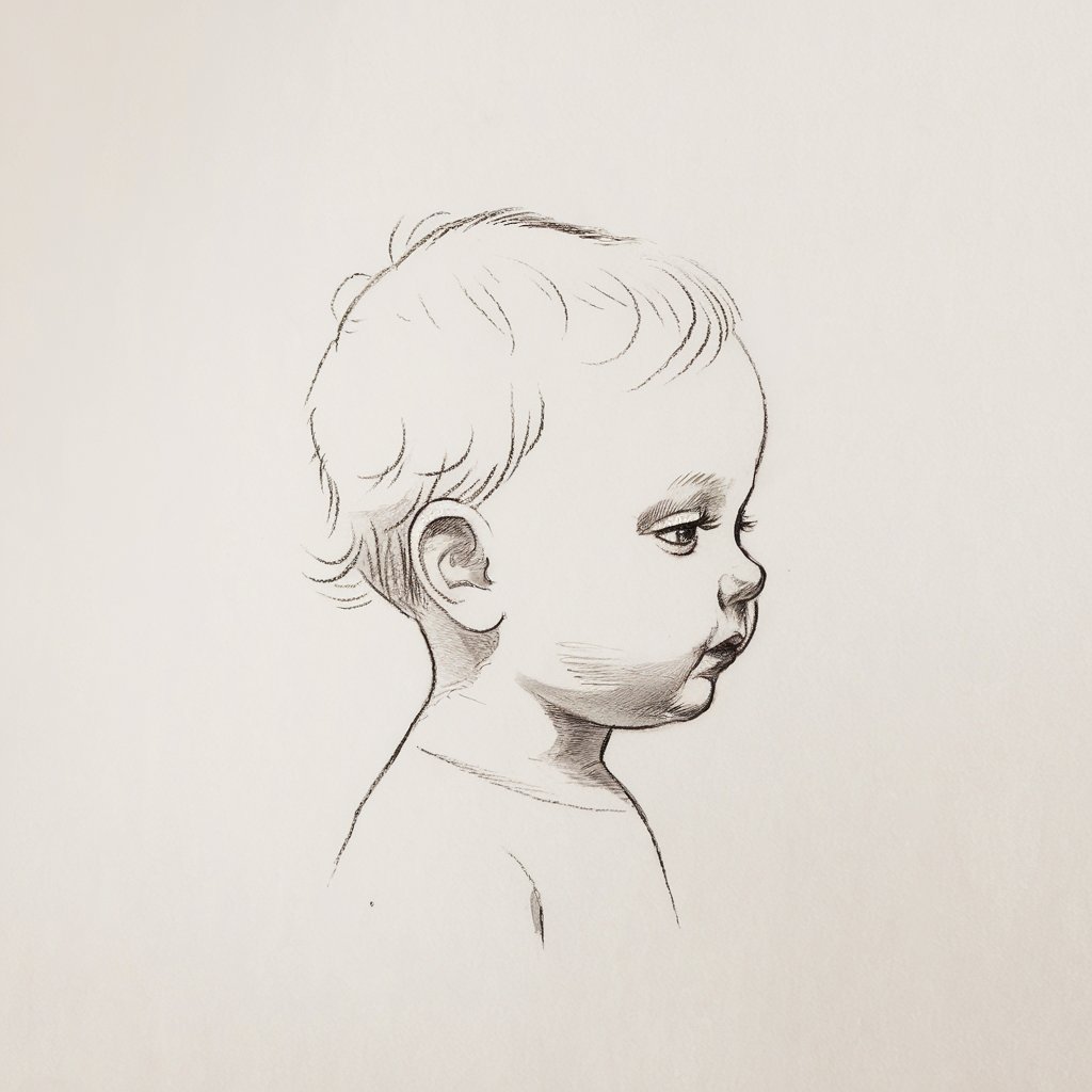 A pencil drawing of a child's side profile on a plain white background. The child has round cheeks, a small nose, and a gentle chin. Their eye is closed or partially lidded, giving a calm expression. The child has short, slightly tousled hair. There is a light shading under the chin and at the hairline, adding dimension while keeping the form delicate. The overall composition evokes tenderness within a minimalist framework.