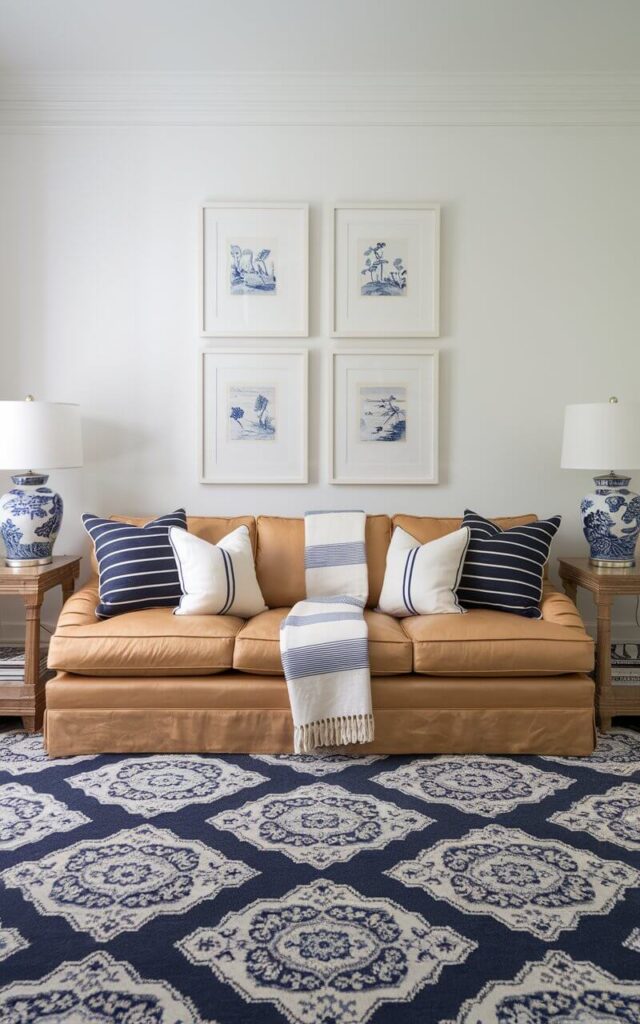 A timeless living room with a cozy tan linen couch on a navy and white area rug with traditional medallion motifs. Above the couch, coastal-inspired blue and white chinoiserie prints are neatly framed. Blue-striped cushions and crisp white throws add structure and freshness to the sofa's inviting form. On either side of the couch, white ceramic lamps with blue bases sit atop wood side tables. The room feels refined, fresh, and eternally stylish.