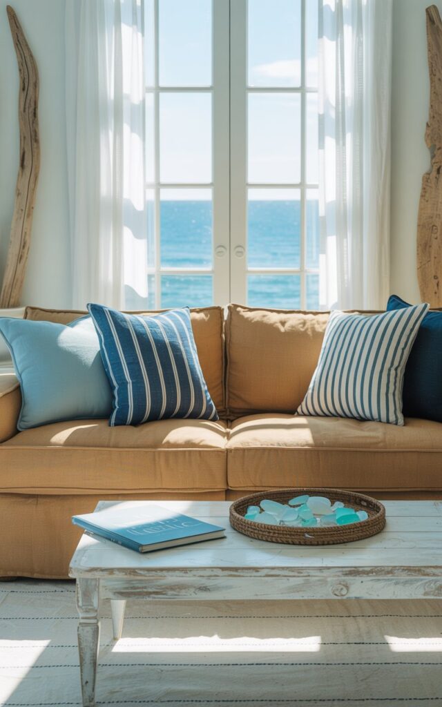 A photograph of a sun-drenched coastal living room, with a very cozy tan linen couch as the central focus. The couch is adorned with sky-blue and navy striped throw pillows, facing a panoramic window that frames a vibrant ocean-blue sky. A whitewashed wood coffee table holding a woven tray with sea glass accents rests in front of the couch, while a pale blue-and-white striped rug anchors the space beneath, complemented by driftwood art on the walls. Soft, diffused sunlight streams through sheer curtains, creating a relaxed and inviting atmosphere, evoking a permanent seaside getaway.