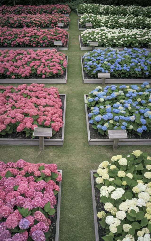 A photo of a hydrangea garden with vibrant color zones. Each section is dedicated to a single bloom hue, with deep pink hydrangeas transitioning into bright blues, followed by ivory whites. Neatly trimmed grass paths separate each color block, creating clean visual breaks. The beds are edged with low wooden borders, and matching garden signs label each section. Wooden benches placed at viewing points allow guests to appreciate each color field up close. The intentional separation creates a painterly landscape, turning the hydrangea garden into a living gradient of color and texture.