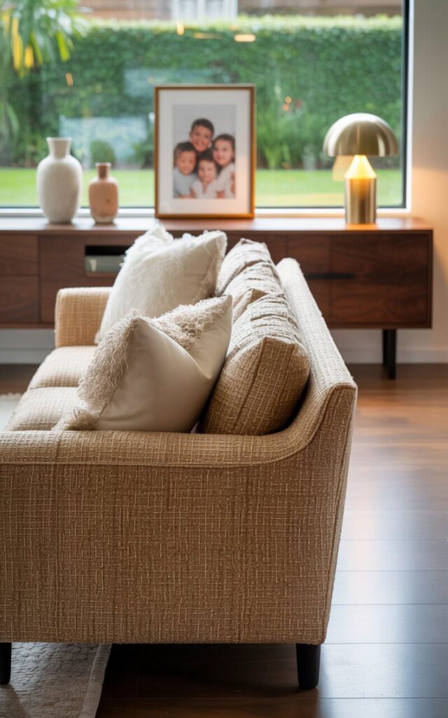 A photograph of a classic tan tweed couch, the centerpiece of a modern open-concept living room, radiates warmth and comfort. The couch’s gently curved back is upholstered in a textured tweed, with plush, cream-colored throw pillows artfully arranged, and sits centered in the space. Directly behind the couch, a sleek, dark walnut console table holds three ceramic vases, a framed photo of "a smiling family", and a brass table lamp casting a soft golden glow. The room features a polished hardwood floor and a large window, bathing the scene in natural light and subtly revealing a glimpse of a lush green garden beyond.