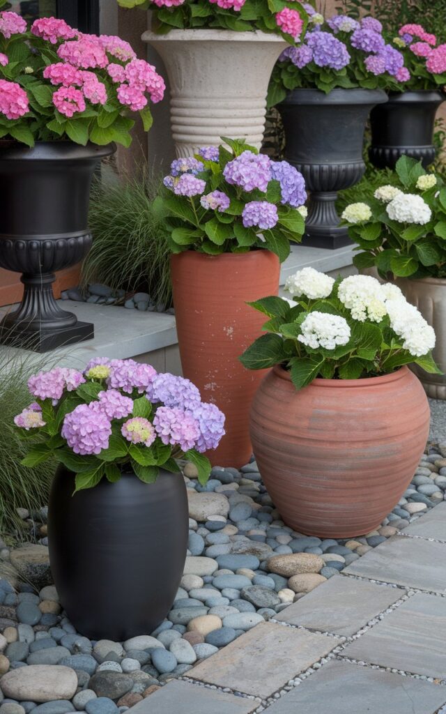 A well-decorated hydrangea garden scene with oversized urns and large ceramic planters artfully arranged across a cobbled terrace. Each planter contains a compact hydrangea variety in radiant hues of hot pink, violet-blue, or snowy white. The containers range in texture from sleek matte black to weathered terracotta, creating an elegant mix of rustic and modern aesthetics. Some planters are raised on decorative stands, while others sit low to the ground, surrounded by smooth river stones and ornamental grasses.