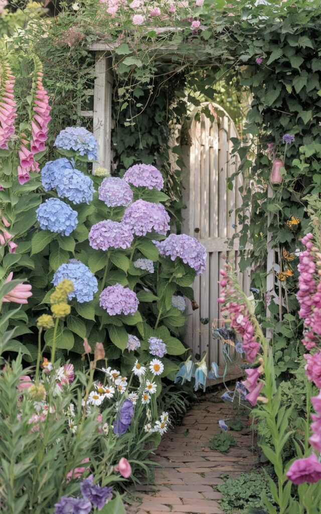 A photo of a hydrangea garden with a cottage-style aesthetic. There are tall blue and pink hydrangeas intertwined with foxgloves, daisies, delphiniums, and cosmos flowers. The garden is slightly overgrown, adding to its romantic charm. A narrow brick path winds through the garden, leading to a white-painted wooden gate partially obscured by blooms. Bees and butterflies are buzzing around the flowers, and ivy is climbing up a nearby arbor. The garden is full of color and life, with a perfectly imperfect beauty.