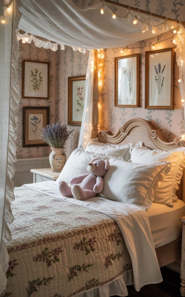A photograph of a cozy cottagecore bedroom bathed in warm morning light. A four-poster bed, draped in ruffled white linen and an embroidered quilt, dominates the space with a single plush lavender teddy bear nestled amongst the pillows. Delicate floral wallpaper adorns the walls, complemented by antique frames showcasing pressed wildflowers, while a sheer white gauze canopy above the bed is illuminated by twinkling fairy lights. A small, weathered ceramic vase holding dried lavender sits on a whitewashed bedside table, adding to the room's peaceful, storybook ambiance.