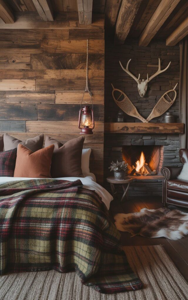 A photograph of a cozy bed draped in a thick plaid flannel blanket, positioned against a textured reclaimed wood wall within a rustic mountain lodge bedroom. The bed is adorned with several wool throw pillows in deep earthy tones, while above it, a dark wood log-beamed ceiling adds to the rugged charm, accented by a vintage lantern hanging gently. A flickering stone fireplace casts a warm glow on a nearby leather reading chair and faux fur rug, with antique snowshoes and antler decor completing the scene. Soft, diffused light streams through heavy drapes, creating a secluded and inviting haven.