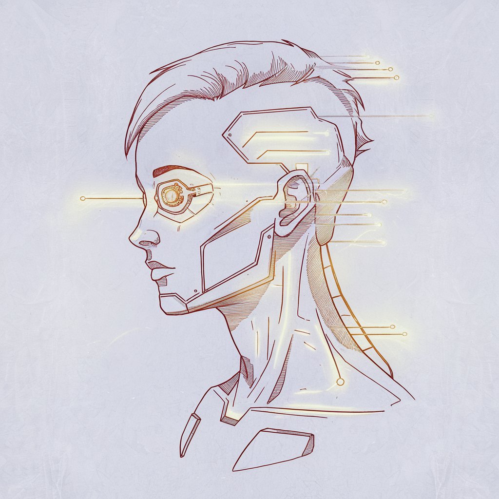 A minimalist, plain white background pencil drawing illustration of a futuristic, cyberpunk-inspired side profile. The figure is drawn in a simplistic style, with a clean jawline and sharp nose, accompanied by high-tech implants along the temple and neck. Thin lines and small shaded areas represent glowing circuits and metallic plates embedded in the skin. The eye features a mechanical lens, outlined precisely with geometric edges. The hairstyle is short and angular, complementing the rigid, artificial elements. All components are lightly shaded, giving subtle dimension without overpowering the minimalist structure.