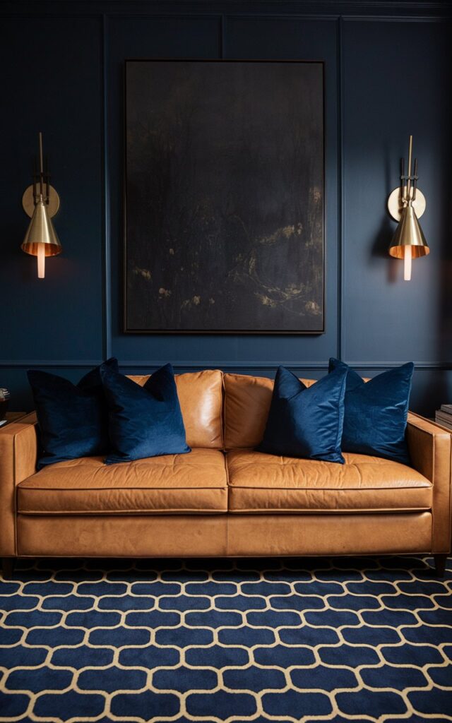 A photo of a moody, dramatic living room with a cozy buttery tan suede couch against a rich navy-blue accent wall. Brass sconces flank a bold, oversized painting above the couch, casting golden light over the wall. A navy-and-gold rug grounds the space beneath the tan couch, while deep blue velvet pillows tie the look together. The contrast between light and dark materials creates visual depth, making the living room feel luxurious and layered without overwhelming the cozy vibe.