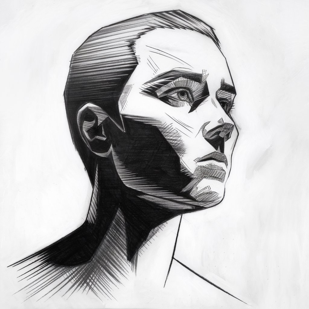 A pencil drawing of a side profile of a person with dramatic lighting effects. The person has a simplistic style with facial features that are partially shaded. One side of the face is in stark shadow, while the other remains outlined by clean lines. The brow, nose bridge, and jawline are defined by sharp contrasts. Cross-hatching is used sparingly to suggest depth. The eye socket and neck area are more heavily shaded to create contrast, giving the piece an emotional intensity. The plain white background enhances the chiaroscuro effect.