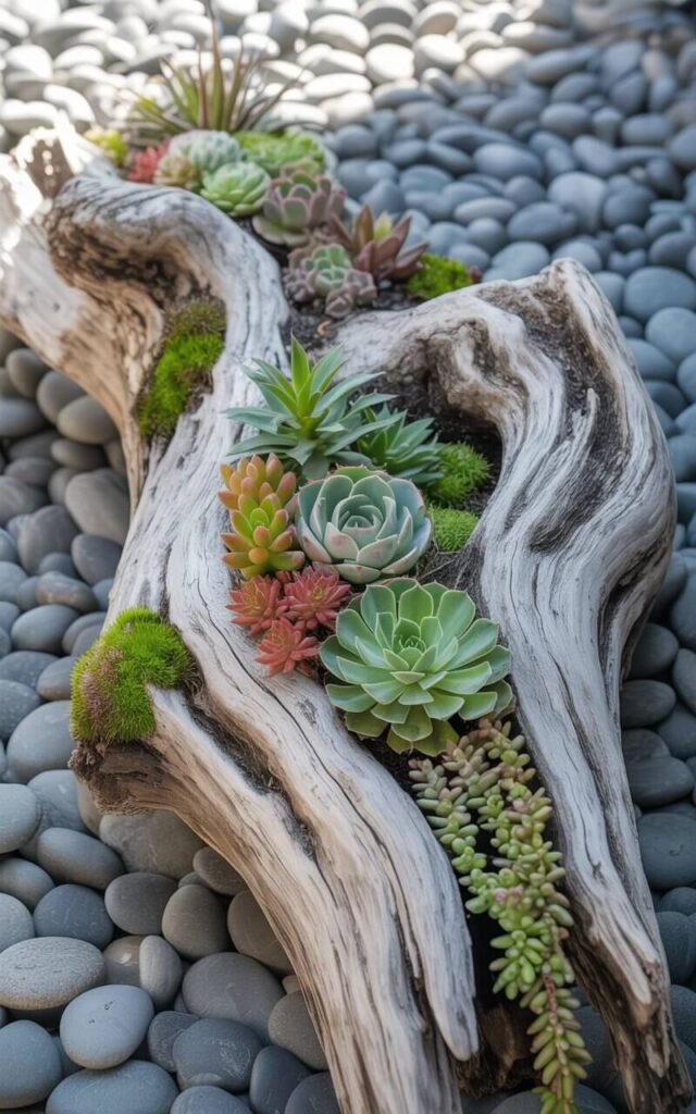 A photograph of a large, weathered piece of driftwood artfully transformed into a succulent garden sculpture. The driftwood, lying diagonally across a bed of smooth grey river stones, features numerous hollows filled with a vibrant mix of succulents including cascading string of buttons, compact hens and chicks, and a trailing burro’s tail. Patches of emerald moss cling to the wood's silvery-gray grain, creating a natural contrast with the fleshy greens and reds of the plants. Soft, diffused sunlight illuminates the sculpture, highlighting its rustic elegance and the textural interplay between the wood, succulents, and stones.
