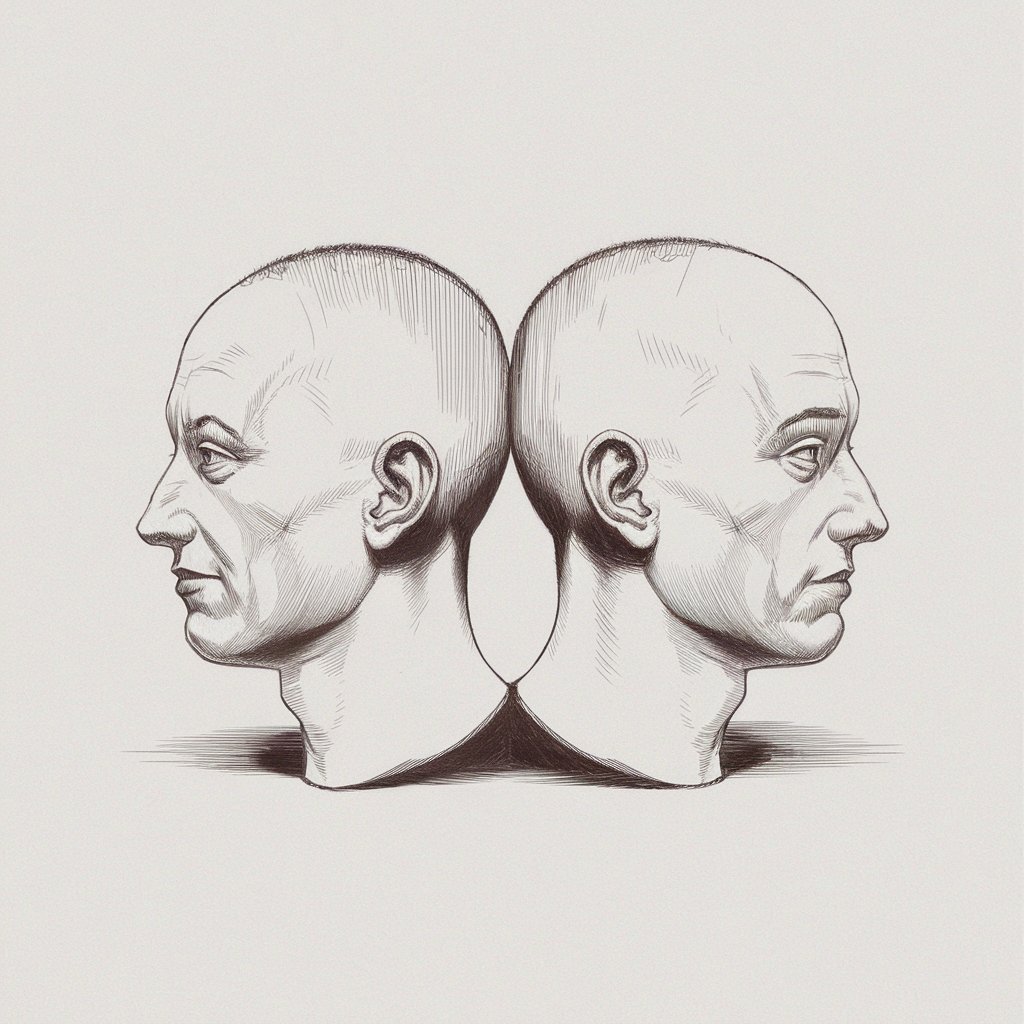 A pencil drawing illustration of two side profiles placed back-to-back on a plain white background. The drawing is in a creative realistic style. One profile has a smirk, while the other has a neutral expression. The heads are connected at the back, sharing a single neck or hairline. There is minimal linework and light shadow beneath the chins. The duality is symmetrical yet emotionally expressive in its restrained composition.