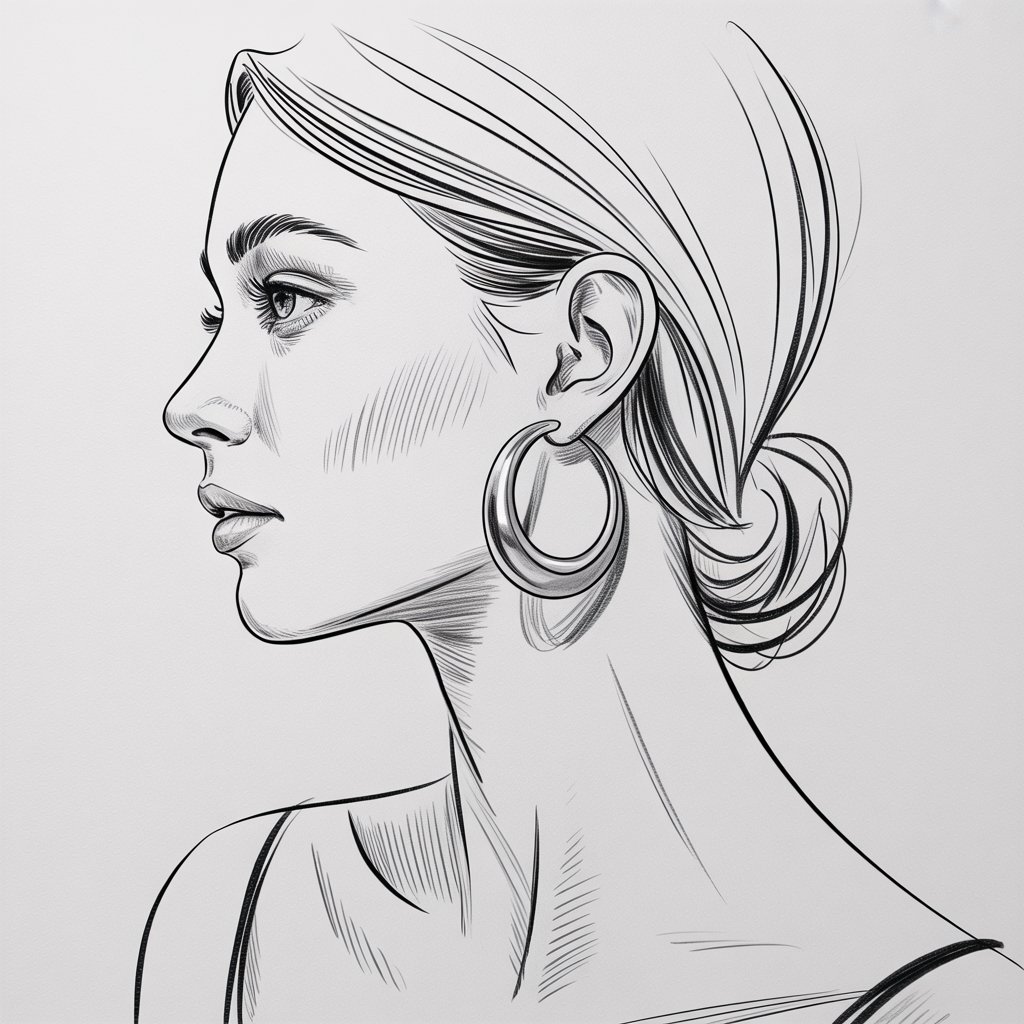 A delicate pencil drawing illustration showcases a minimalist portrait of a woman's side profile against a stark white background, emphasizing the artistry of line and form. The central focus is her ear, meticulously rendered with smooth, flowing curves, highlighting the elegant silhouette of her jawline and cheek. A single, substantial silver hoop earring hangs from her lobe, catching the light with subtle shading and reflective highlights, creating a focal point of understated luxury. The background remains clean and uncluttered, allowing the detailed sketch of "Serenity" to command the viewer's attention and evoke a sense of quiet contemplation.