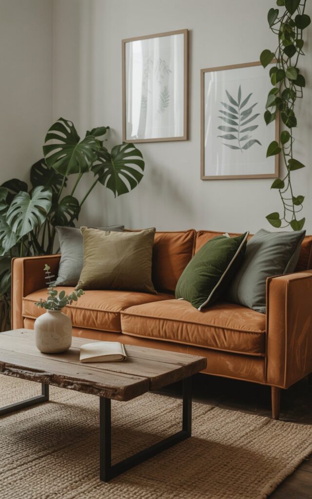 A photograph of a cozy living room bathed in soft, diffused light, centered around a deep tan chenille couch. The couch is adorned with plush olive and forest green cushions in velvet and raw cotton textures, facing a reclaimed wood coffee table with a minimalist ceramic vase holding a few sprigs of eucalyptus. Lush potted monstera and trailing pothos plants frame the sides of the couch, complementing the botanical prints in simple wood frames on the walls, all grounded by a natural jute rug. The overall atmosphere evokes a sense of tranquil comfort and grounded serenity.