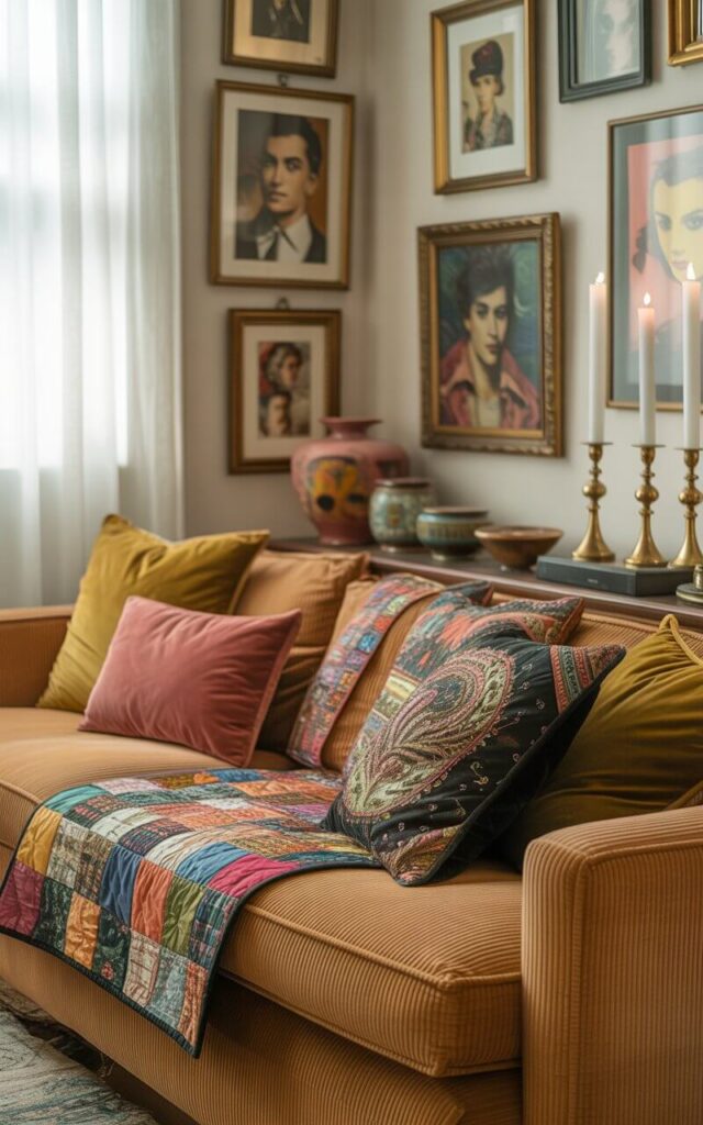 A photograph of a cozy living room centered around a soft tan corduroy couch. The couch is adorned with a vibrant patchwork quilt, velvet pillows, and intricately embroidered cushions, all arranged in a relaxed yet inviting manner. Behind the couch, a gallery wall displays a curated collection of vintage portraits and abstract canvases, complemented by funky ceramics and brass candlesticks resting on a nearby side table. Soft, diffused light streams through a nearby window, creating a warm and inviting atmosphere within the stylishly chaotic space.