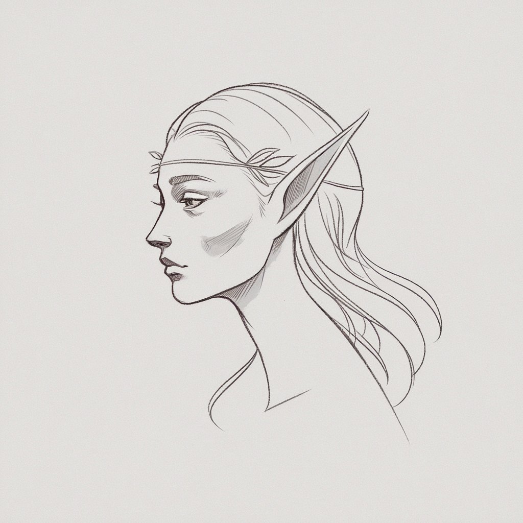 A minimalist pencil drawing of a side profile of an elf with a plain white background. The elf has elongated, pointed ears and a slender, smooth face with high cheekbones and a slightly upturned nose. The elf's flowing hair is gently outlined, and a small headband or leaf accessory rests across the forehead. The lines are light and controlled, highlighting the ethereal beauty of the fantasy character.