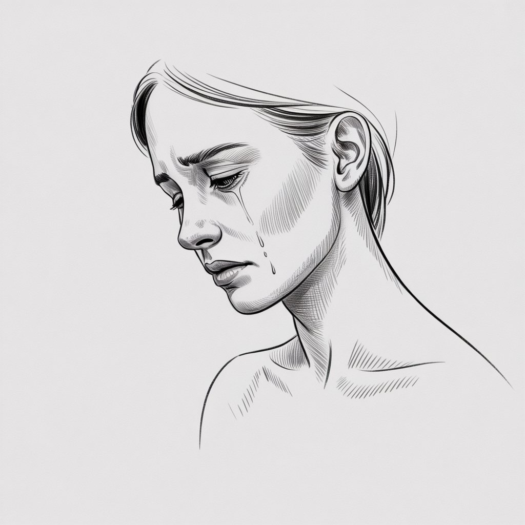 A delicate pencil drawing illustration of a person in profile against a stark, plain white background. The subject's face expresses deep sadness, with a single teardrop tracing a path down their cheek and a subtly furrowed brow conveying intense emotion. Soft, grey shading emphasizes the contours of the face, highlighting the downturned lips and the slight angle of the chin, while the eye reflects quiet contemplation. A single, gently curving line represents the neck, connecting seamlessly to the shoulders, and the overall composition evokes a sense of solitary introspection.