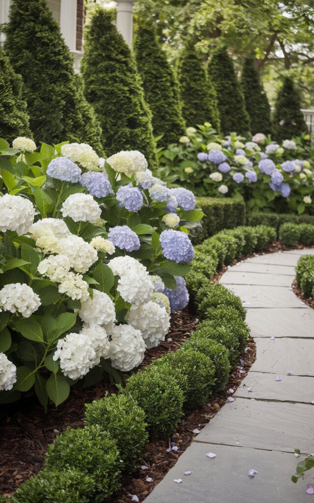 A semi-formal backyard landscape with a hydrangea garden. Large white and soft lavender hydrangea bushes are layered in front of deep green evergreen shrubs. The scene is set in a semi-formal backyard landscape, with well-trimmed boxwoods forming a low hedge behind the hydrangeas. A narrow stone pathway curves gently through the garden, and fallen petals dot the surrounding mulch. Every detail, from the symmetry of the planting to the balance of texture, reflects a hydrangea garden that’s both thoughtfully curated and visually harmonious.