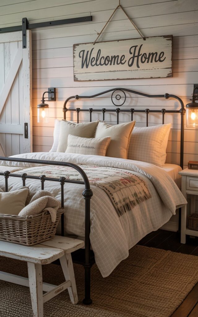 A photograph of a cozy farmhouse bedroom dominated by a queen-sized bed with a crisp checked cotton duvet, a hand-stitched quilt in muted tones, and several plush ivory pillows. The bed is framed by elegant wrought iron bedposts and sits against a wall of whitewashed shiplap, above which hangs a vintage wooden sign displaying "Welcome Home" in faded lettering. A reclaimed wood bench rests at the foot of the bed, adorned with a woven basket overflowing with soft throws, while soft light emanates from mason jar sconces and streams through barn-style sliding doors, bathing the room in a warm, comforting glow. The overall atmosphere is one of rustic charm and nostalgic tranquility, evoking a sense of countryside retreat.