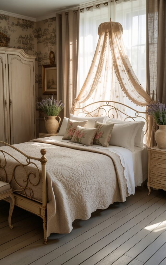 A photograph of a luxurious French countryside bedroom, featuring a meticulously made bed as the focal point. The bed has an ornate iron frame draped with ivory quilts, delicate floral pillows, and a flowing lace canopy that creates a dreamy atmosphere. Beside the bed, a vintage armoire stands against a wall adorned with classic toile wallpaper, complemented by handwoven linen curtains and ceramic pitchers filled with fragrant lavender. Soft sunlight streams through sheer curtains, casting a warm glow across the distressed white wooden floors and gilded picture frames, resulting in a cozy and nostalgic ambiance.