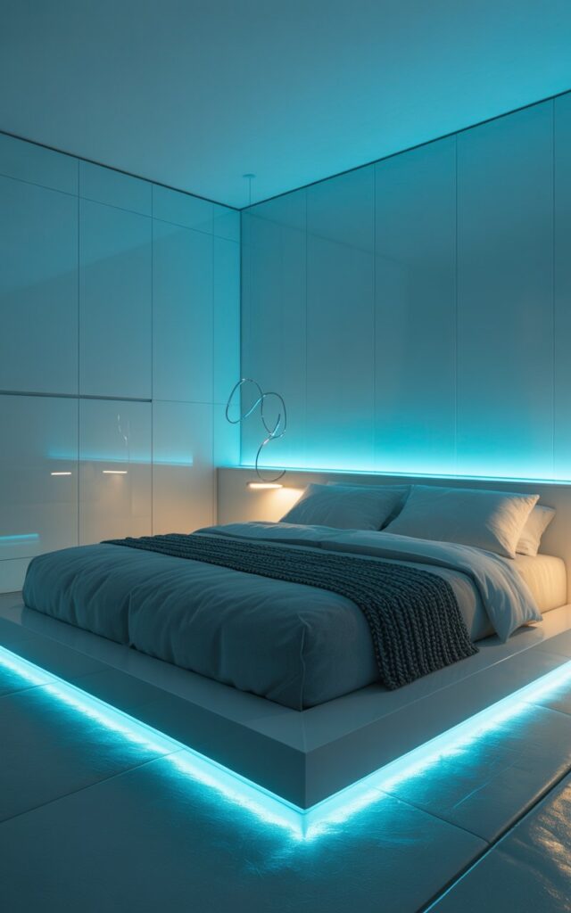 A photograph showcasing a minimalist bedroom interior bathed in cool blue LED light. A king-sized bed with smooth grey linen and a dark grey tech-knit throw appears to float on a raised platform, featuring a thin strip of blue LED lighting along its edge. The walls are a seamless matte grey with a single, large smart-glass window displaying a view of a softly glowing cityscape. Subtle chrome accents highlight the integrated storage and sculptural lighting fixtures, creating a serene and futuristic atmosphere.