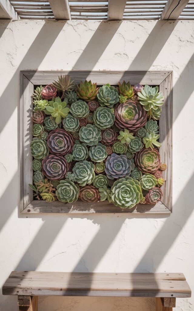 A photograph of a meticulously crafted succulent garden framed within a weathered rectangular wooden structure, mounted on a pristine white stucco wall. The frame overflows with tightly packed rosettes of various succulents – echeveria, crassula, and sempervivum – displaying a captivating palette of sage green, dusty rose, deep purple, and pale blue arranged in a living mosaic. Soft dappled sunlight filters through a nearby pergola, casting gentle shadows on the wall, while a rustic wooden bench sits below, inviting contemplation of the vibrant display – "Succulent Serenity". The scene exudes a sense of tranquility and intentional design, evoking a feeling of harmonious natural beauty.