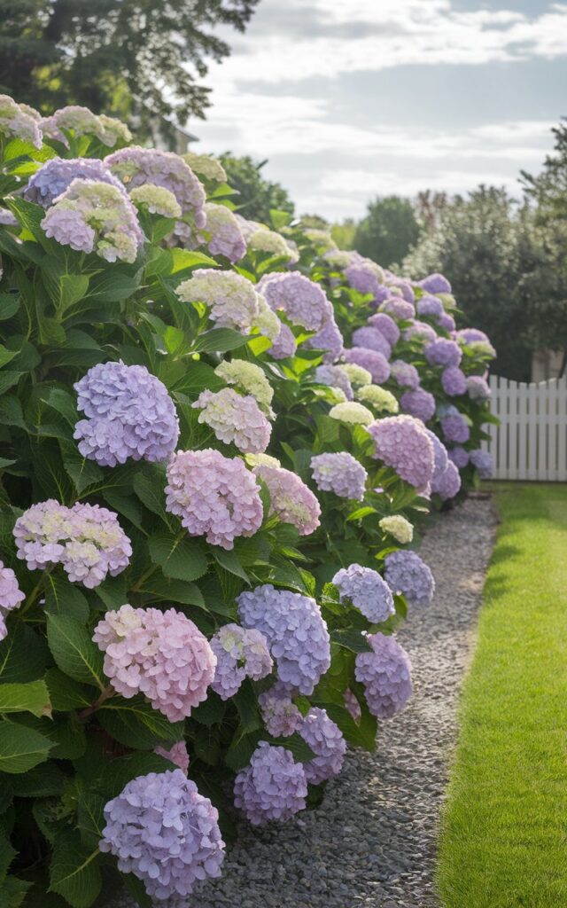A romantic and serene hydrangea garden with a lush, flowering hedge composed entirely of mature Hydrangea macrophylla bushes in full bloom. The thick, rounded mounds of pale pink and violet flowers stretch in a continuous, natural fence along a gravel pathway. The hedge is neatly maintained, standing about five feet tall, and is set against a backdrop of manicured green lawn and a distant white picket fence. Sunlight filters through sparse clouds, casting gentle highlights on the large, serrated leaves and multi-tonal blossoms. The effect is romantic and serene, with the hydrangea garden seamlessly blending into the surrounding landscaping to create a vibrant, blooming boundary.