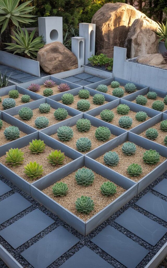 A photograph of a meticulously designed succulent garden arranged in a striking geometric grid pattern. Each diamond-shaped plot features precisely planted aeoniums, haworthias, and agaves in symmetrical formations, contrasted against a backdrop of sandy gravel and dark charcoal gray stone pathways. Galvanized steel edging defines each shape while minimalist concrete sculptures and large weathered granite boulders are placed strategically throughout the garden, basking in the warm glow of the late afternoon sun. Soft greens and muted purples create a serene color palette that highlights the structured visual harmony of "Geometric Succulent Sanctuary."