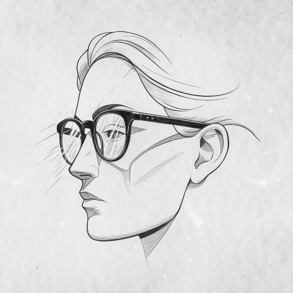 A minimalist, plain white background pencil drawing illustration of a side profile featuring a stylish pair of eyeglasses, drawn in a creative style. The frames are cleanly sketched, sitting snugly on the nose bridge and curving behind the ear. Light reflections are indicated with tiny white gaps within the lens area. The subject’s eye is barely visible behind the lenses, and the face is defined with smooth, understated lines. The hair is tucked neatly above the ear, allowing the glasses to be the focal point. The image is crisp and tastefully minimal.
