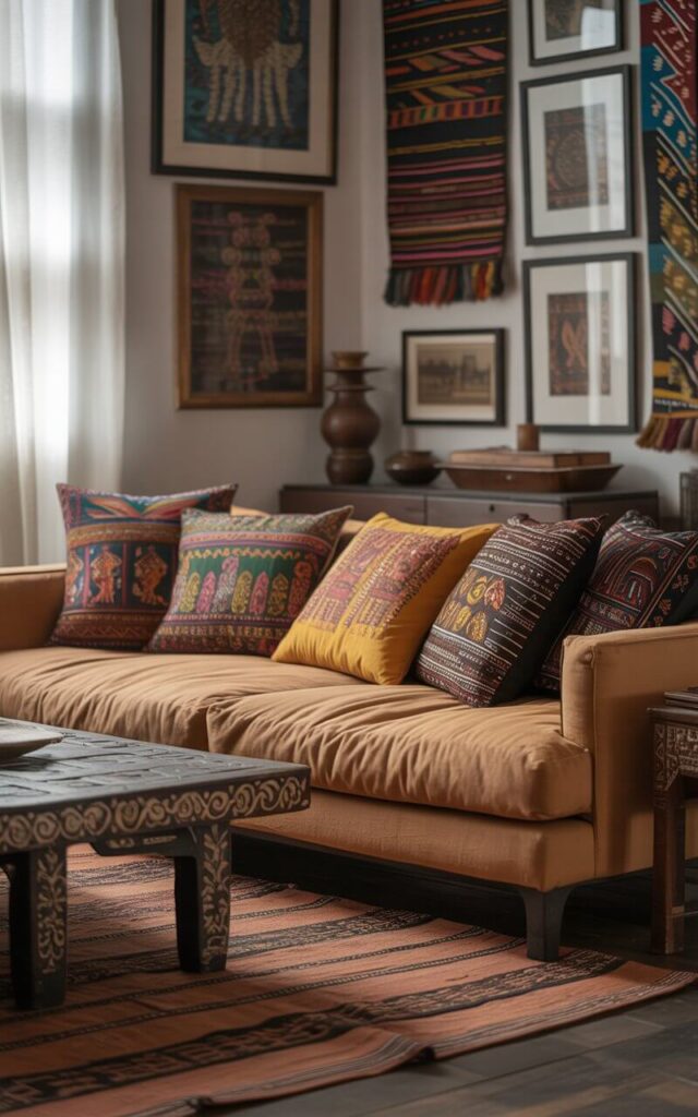 A photograph of a cozy living room centered around a plush tan cotton couch. The couch is adorned with an array of vibrant pillows featuring Indian block prints, Guatemalan textiles, and striking African mudcloth patterns, creating a warm and inviting texture. A low, carved wooden coffee table from Bali sits on top of a flatwoven kilim rug, while a gallery wall filled with globally-inspired artwork and textiles adds depth behind the couch. Soft, diffused natural light streams through a nearby window, highlighting the handcrafted textures and creating a welcoming atmosphere.