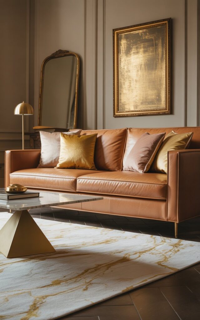 A photograph of a luxurious living room centering on a buttery tan leather couch. The couch, with its plush cushions in velvet gold and champagne tones, sits squarely in the room, positioned to face a sleek, geometric coffee table with a shimmering gold base. A cream and gold marbled area rug lies elegantly beneath the table, while a vintage brass mirror and a metallic-framed piece of art add subtle golden accents to the walls; soft, diffused lighting washes over the scene, highlighting the upscale comfort and timeless charm of the space.