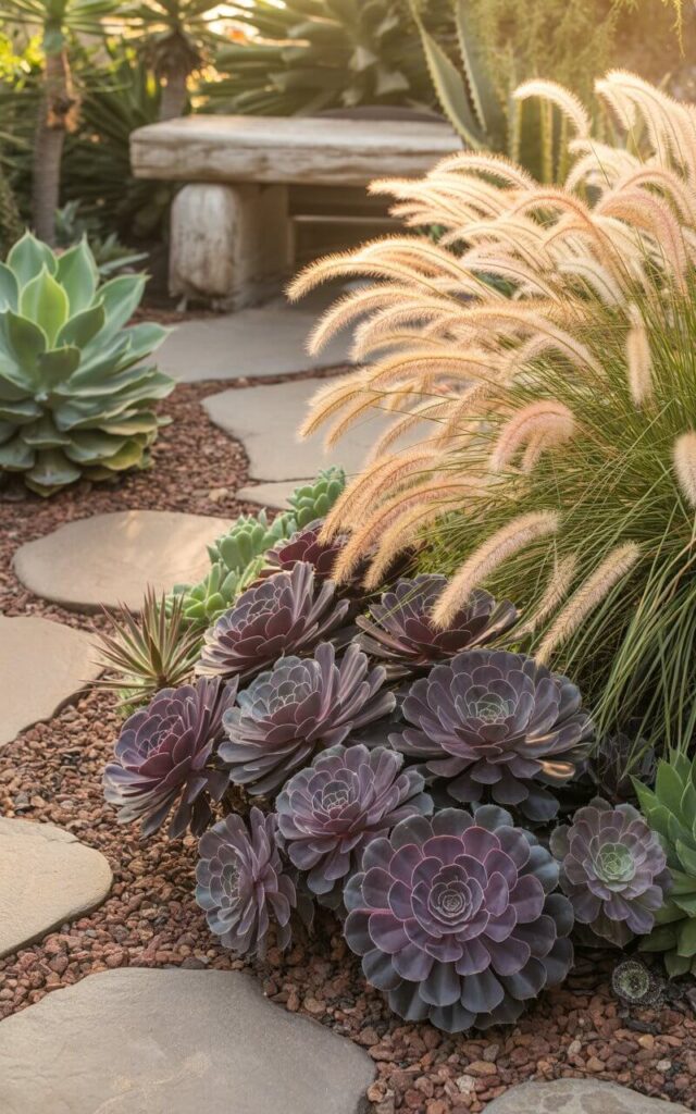 A photograph showcases a meticulously designed succulent garden, centered around a striking cluster of 'Aeonium arboreum 'Zwart' succulents. The dark purple-black rosettes of the aeoniums are contrasted by a soft halo of golden Mexican feather grass gently swaying in a light breeze, positioned to create a visually pleasing arc behind the succulents. Smooth river stones and rich brown mulch create winding pathways between the plantings, while a rustic stone bench sits invitingly to the side, partially obscured by the grasses. Warm afternoon sunlight bathes the garden, casting soft shadows and highlighting the textures of the succulents and grasses.