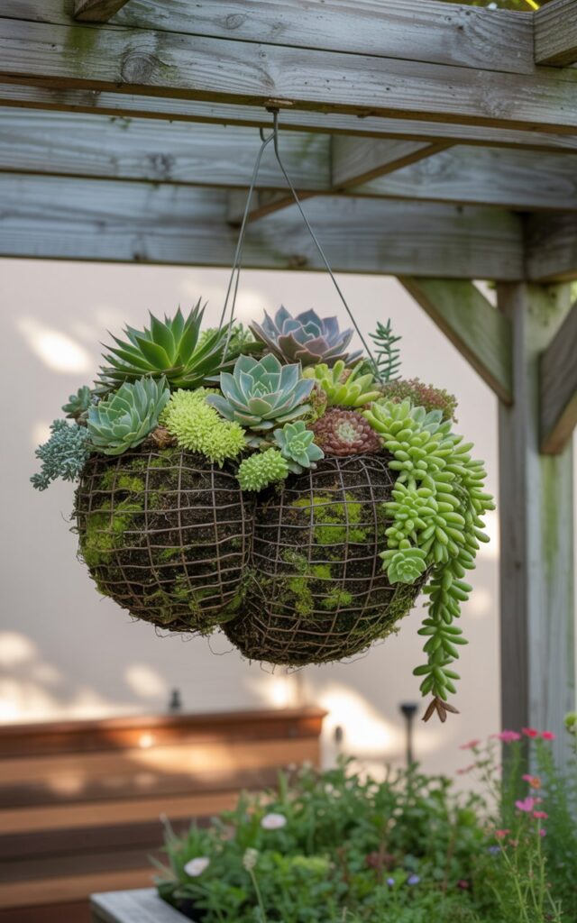 A photograph of a spherical succulent garden hanging elegantly from a weathered wooden pergola beam. The impressive sphere is constructed from two interwoven wire baskets densely packed with vibrant green moss and rich soil, overflowing with a diverse collection of succulents including cheerful hens and chicks, plump jelly bean plants, and cascading string of bananas. Soft, diffused sunlight filters through the pergola, illuminating the textured surfaces of the succulents and casting gentle shadows across the adjacent warm-toned wooden deck and flourishing flower beds below. The scene exudes a sense of tranquility and showcases the unique, gravity-defying design.