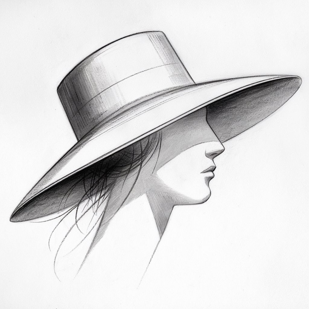 A pencil drawing of a side profile wearing a wide-brimmed hat. The hat is placed on the head with a gently curved brim and a shallow crown. The profile beneath shows a soft facial outline, including the nose, lips, and chin, all delicately drawn. Light pencil shading under the hat's brim suggests a cast shadow on the forehead. Strands of hair slightly peek out from beneath the hat, adding texture. The entire drawing has a clean, balanced look against the white background.