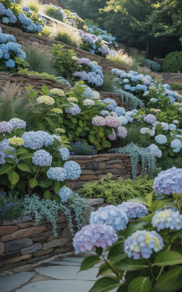 A photograph of a meticulously designed hydrangea garden cascading down a sloped hillside. Terraced beds overflow with a vibrant tapestry of hydrangeas in soft blue, creamy white, and delicate lavender hues, arranged in gracefully curving rows. Natural stone retaining walls provide rustic texture and support while ornamental grasses and creeping sedums interweave throughout the tiers, softening the edges and adding a touch of wildness. Gentle sunlight bathes the hillside, highlighting the lush foliage and creating a tranquil and inviting scene.