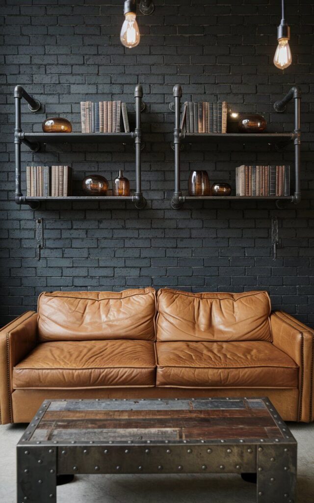 A photo of a modern-industrial living room with a cozy tan leather couch against a charcoal brick accent wall. The couch is framed by black iron pipe shelving that displays vintage books, amber glass, and steel accessories. A metal coffee table with a reclaimed wood top anchors the space. Exposed bulb pendant lights hang above, adding a moody ambiance. The overall effect is masculine yet warm, with the tan couch acting as the comfortable, stylish anchor in this urban-chic living room.