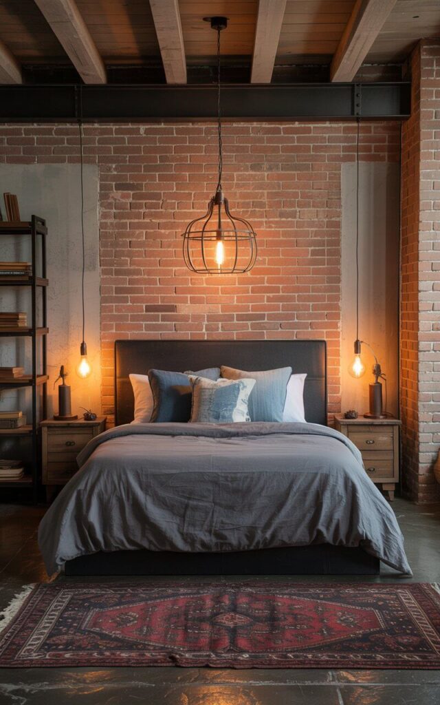 A photograph of a cozy king-sized bed as the focal point in an industrial-style bedroom. The bed is draped in a charcoal linen duvet and adorned with faded denim pillows, centered beneath an antique iron-framed pendant light illuminating the headboard area. Exposed brick walls, visible wooden ceiling beams, and matte black accents frame the room, while rustic wood nightstands with Edison-bulb lamps flank the bed, accompanied by a weathered steel bookshelf. A worn Persian rug softens the concrete floors, bathing the space in a warm, inviting glow.